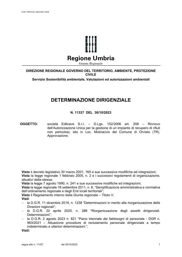 Anteprima di Autorizzazione impianto rilasciato da Regione Umbria · D.D. 11337