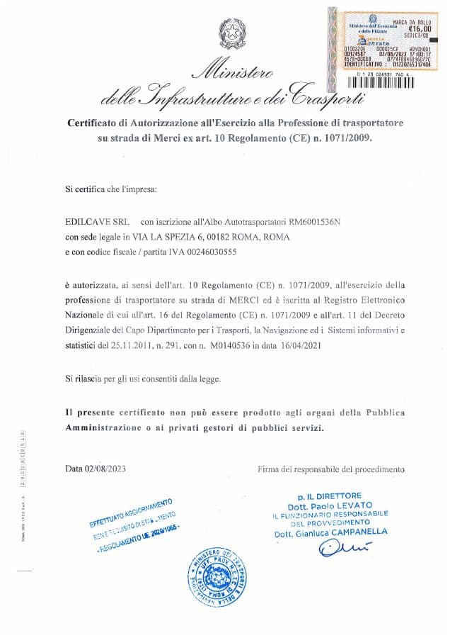 Anteprima di Trasporto conto terzi rilasciato da Ministero Infrastrutture e Trasporti